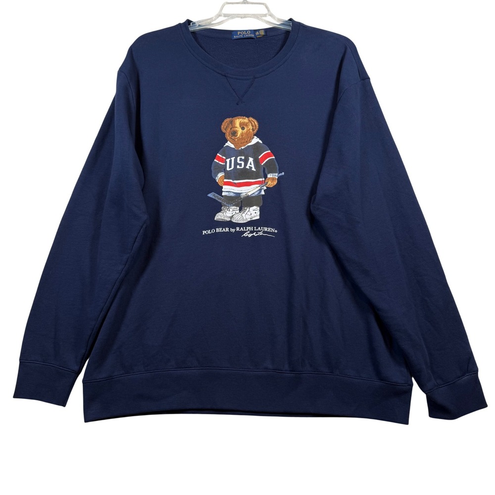 Polo Ralph Lauren Sweatshirt Men XXL Navy Blue Polo Bear USA Hockey Graphic